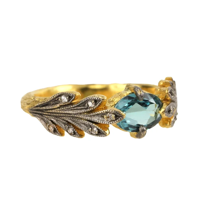 High-Quality Gemstone Jewelry For Special Occasions 22 Karat Yellow Gold Leafside Ring with Blue/Green Tourmaline and Diamonds High-Quality Gemstone Jewelry For Special Occasions 22 Karat Yellow Gold Leafside Ring with Blue/Green Tourmaline and Diamonds