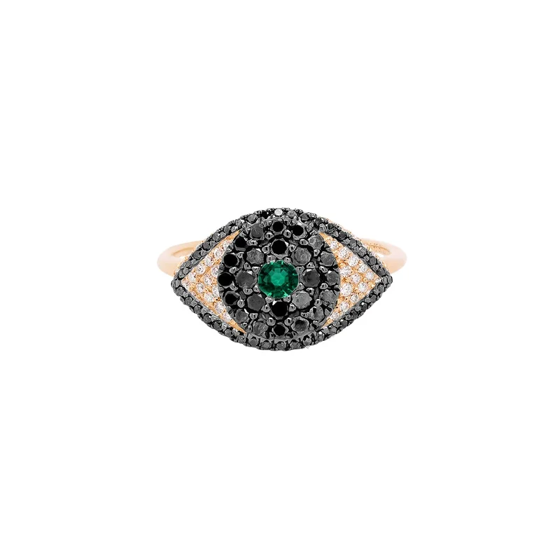 Discounted Jewelry For A Glamorous Look Evil Eye Protector Ring | 2.5GMS .63CTW | Black Diamond and Emerald Discounted Jewelry For A Glamorous Look Evil Eye Protector Ring | 2.5GMS .63CTW | Black Diamond and Emerald