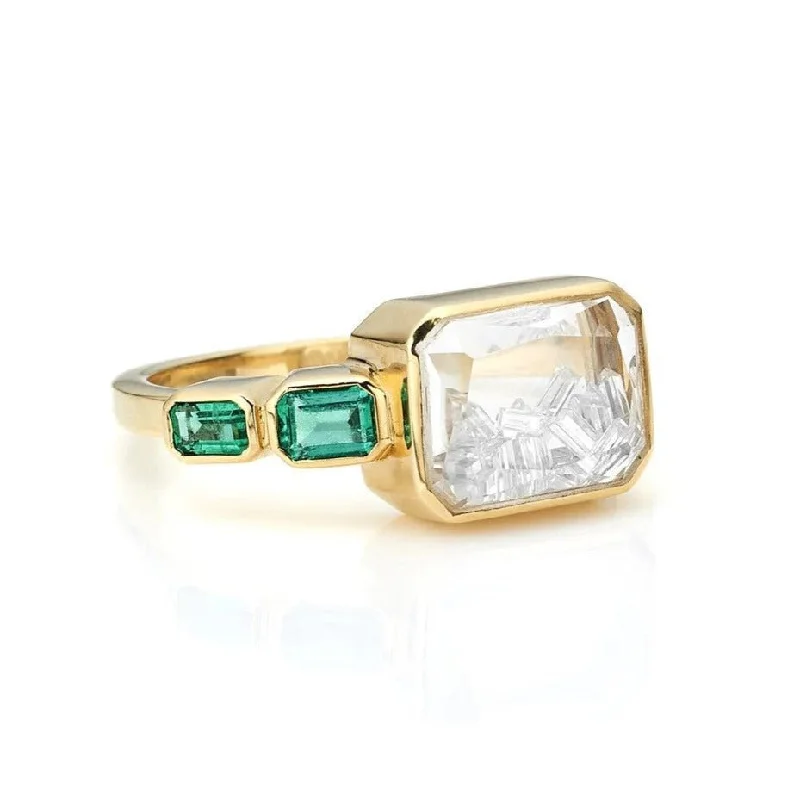 Gold Ring with Diamond "Shake" and Emerald Baguette Details