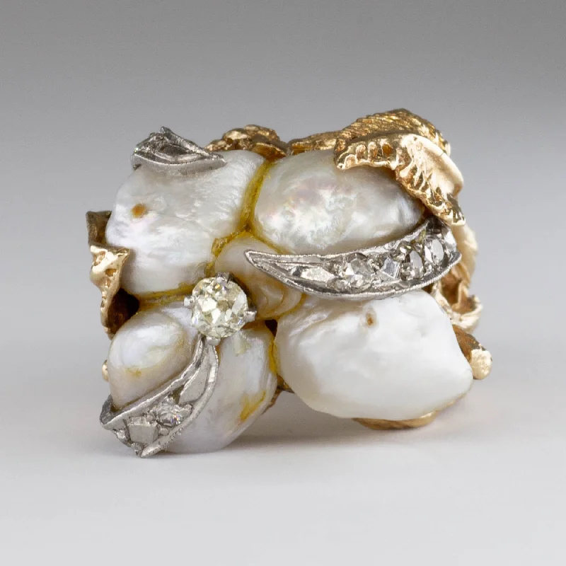 Everyday Jewelry Essentials Now On Sale Baroque Mother of Pearl & Old Mine Cut Diamond Leaf Design Ring | 9-11mm | 0.23ctw | SZ 4.75 |