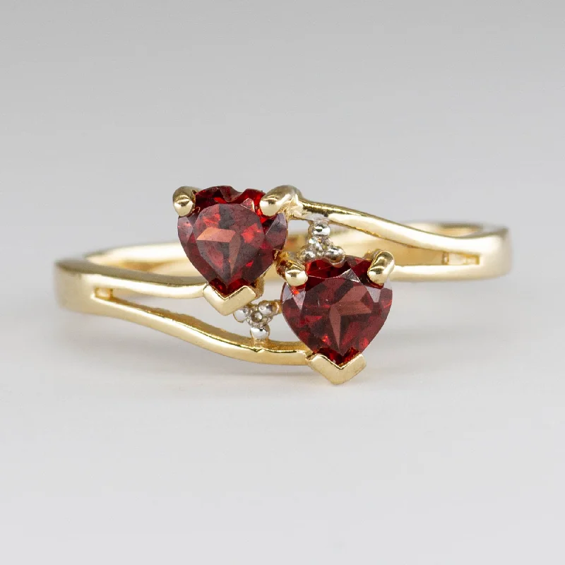 Eco-Friendly Sustainable Jewelry For Conscious Buyers Garnet and Diamond  'Toi et Moi' Heart 10k Gold Ring | 0.96 ctw, 0.01 ctw  | SZ 8 |
