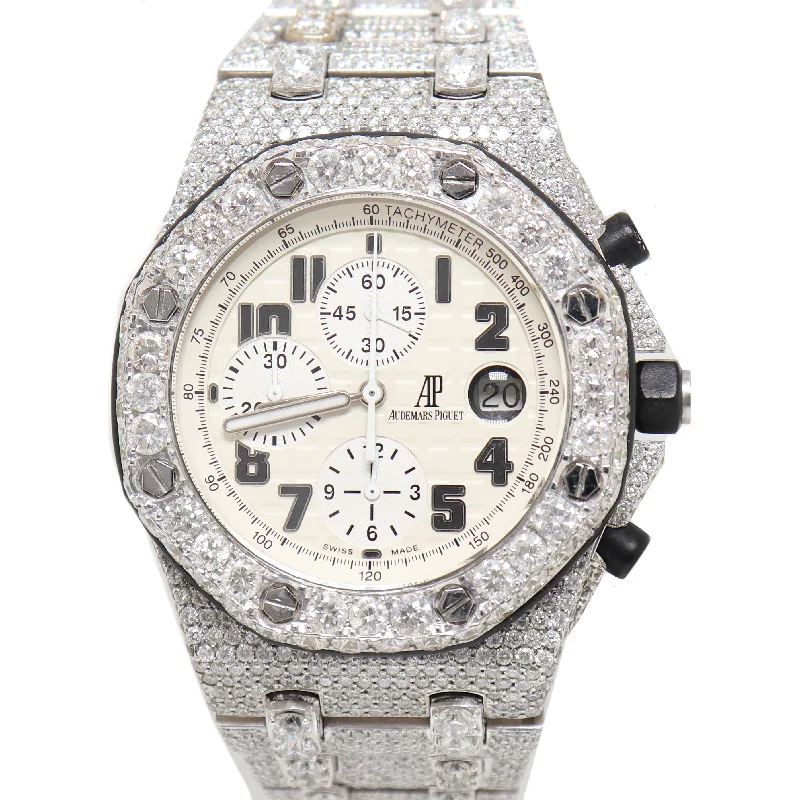 Stunning Jewelry At Even More Stunning Prices Audemars Piguet Royal Oak Offshore Custom Iced Out Stainless Steel White Chronograph Mega Tapisserie Dial Watch