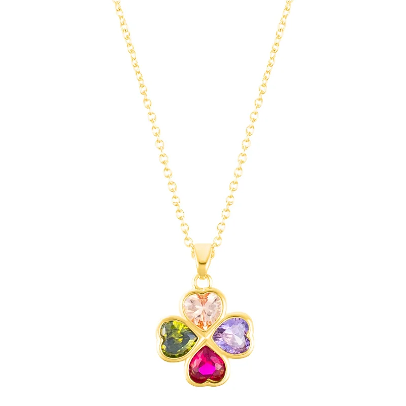 14k Gold Plated Adjustable Multicolor Crystal Heart Clover Necklace