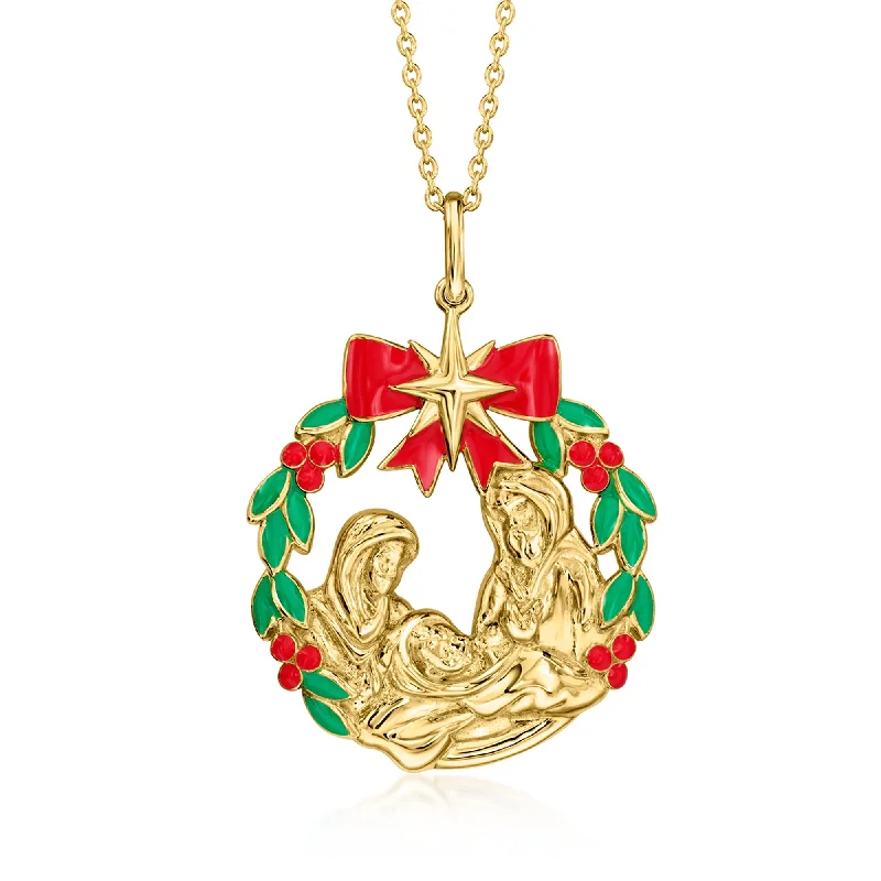 Premium Jewelry Now Available At Special Discounts Ross-Simons 18kt Gold Over Sterling Nativity Scene Pendant Necklace With Red and Green Enamel Premium Jewelry Now Available At Special Discounts Ross-Simons 18kt Gold Over Sterling Nativity Scene Pendant Necklace With Red and Green Enamel