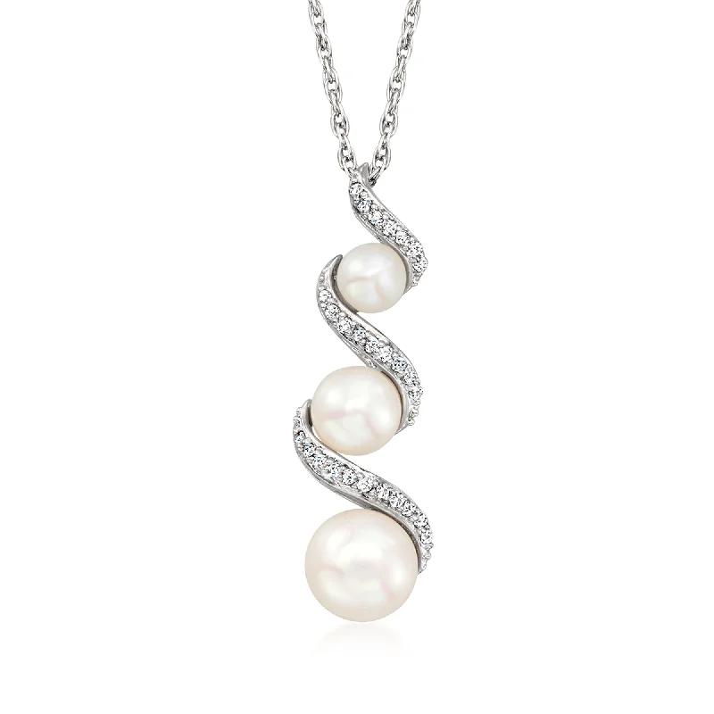 Ross-Simons 3.5-6.5mm Cultured Pearl and . Diamond Spiral Pendant Necklace in Sterling Silver