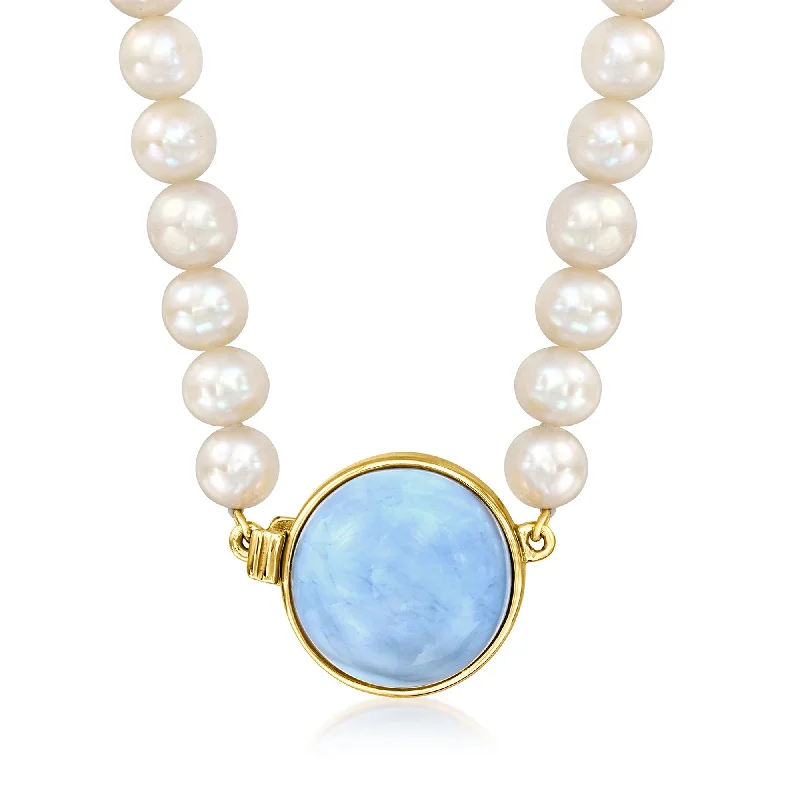 Ross-Simons Blue Opal and 5.5-6mm Cultured Pearl Necklace in 18kt Gold Over Sterling