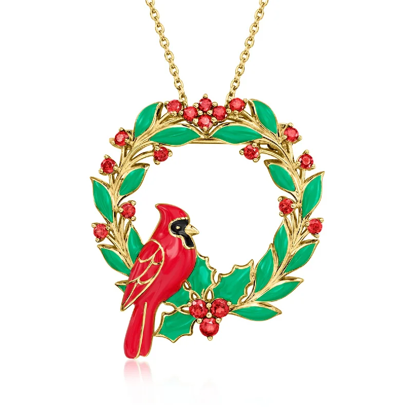Shop Dazzling Jewelry At The Best Prices Ross-Simons Garnet and Multicolored Enamel Cardinal Wreath Pin/Pendant Necklace in 18kt Gold Over Sterling Shop Dazzling Jewelry At The Best Prices Ross-Simons Garnet and Multicolored Enamel Cardinal Wreath Pin/Pendant Necklace in 18kt Gold Over Sterling