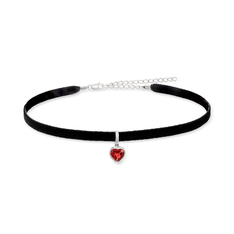 Ross-Simons Garnet Heart and Black Velvet Choker Necklace in Sterling Silver