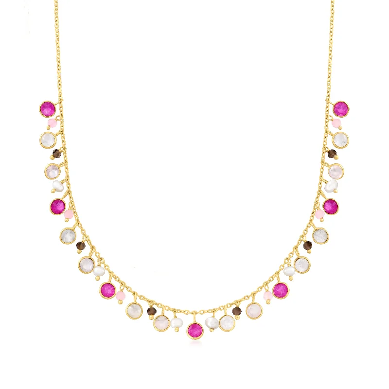 Ross-Simons Moonstone, 5mm Cultured Pearl and Multi-Quartz Multi-Drop Necklace in 18kt Gold Over Sterling