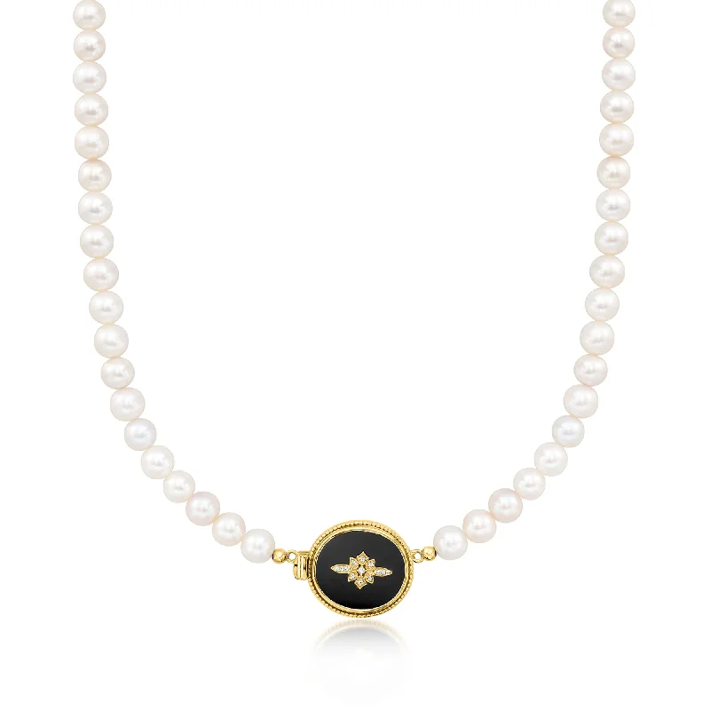 Ross-Simons Onyx and 6.5-7mm Cultured Pearl Necklace With Diamond Accents in 18kt Gold Over Sterling