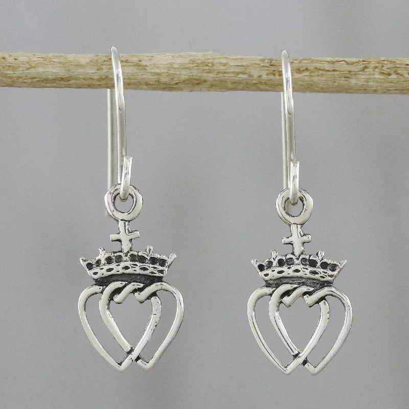 Crowned Hearts Silver Dangle Earrings