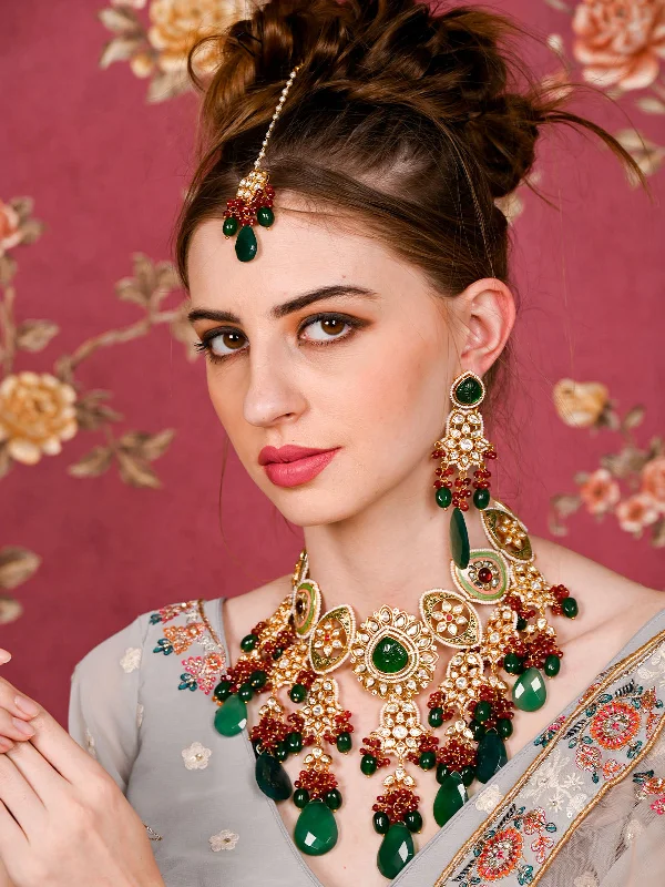 Exclusive Jewelry Sale – Limited-Time Discounts Odette Women Green Gold Plated Bridal Choker Necklace Set