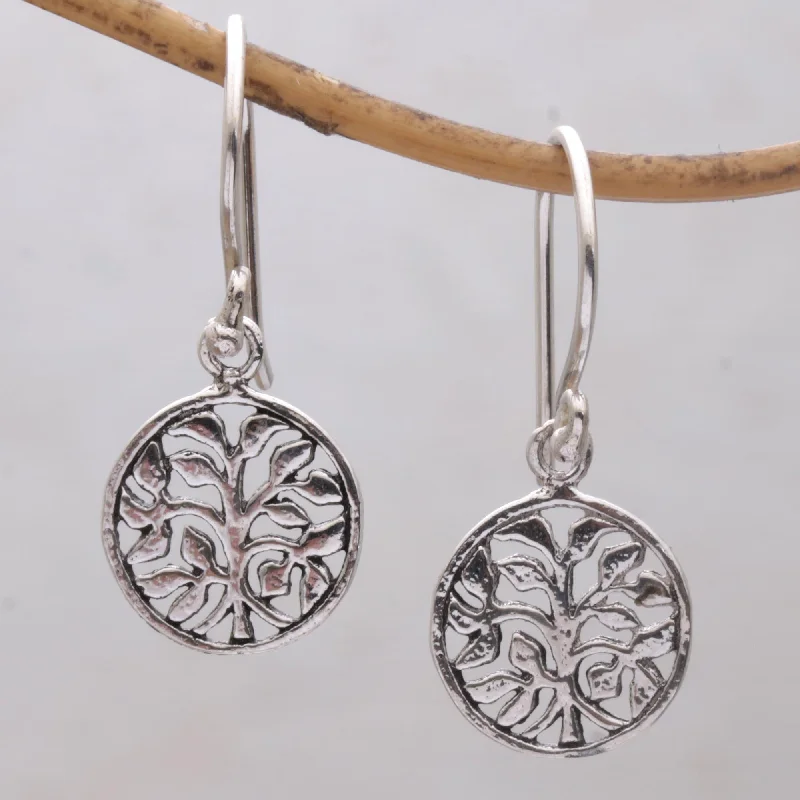 Leafy Windows Circular Tree Sterling Silver Dangle Earrings from Bali