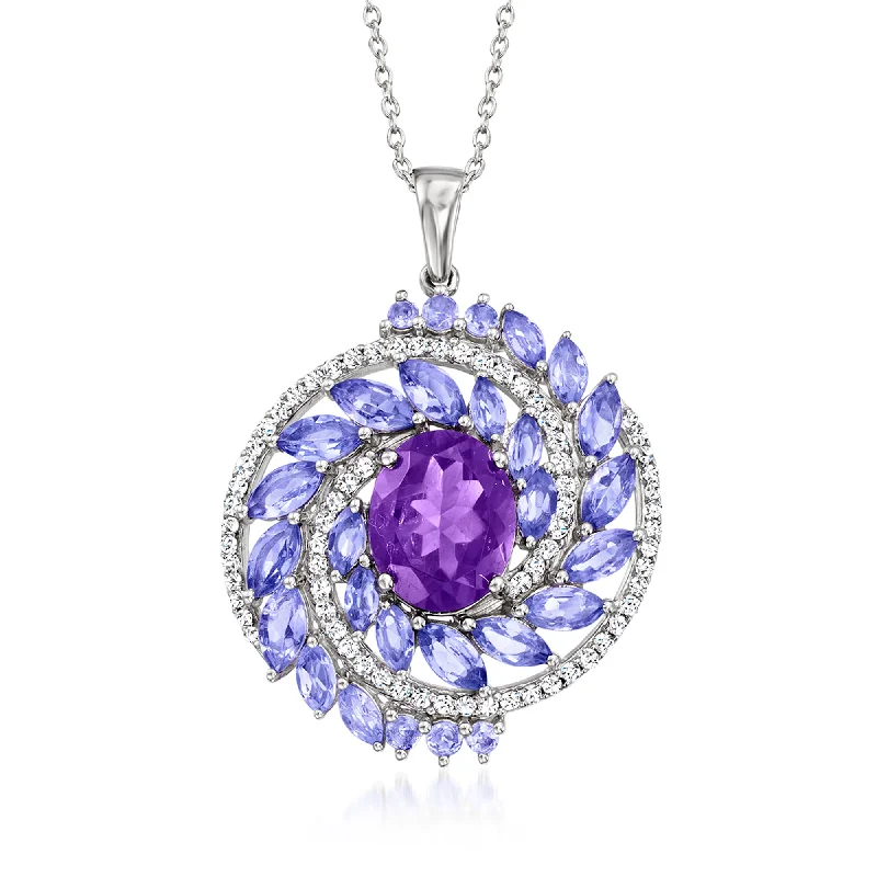 Ross-Simons Amethyst and Tanzanite Pendant Necklace With . White Zircons in Sterling Silver