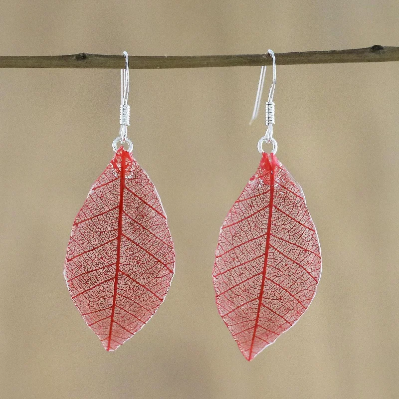 Stunning Nature in Crimson Natural Leaf Dangle Earrings in Crimson from Thailand