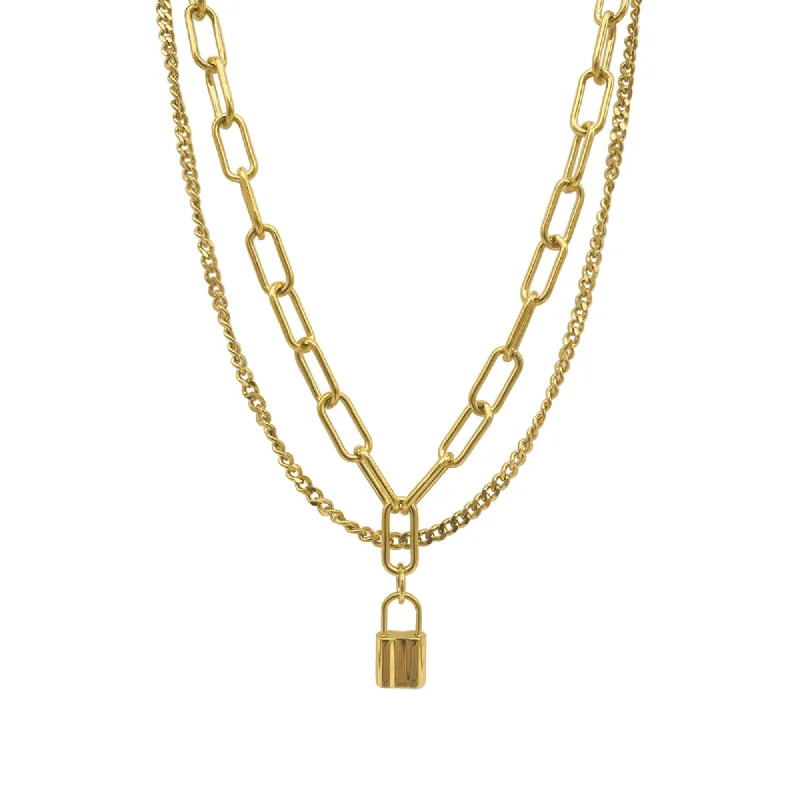 Tarnish Resistant 14k Gold Plated Layered Curb and Paper Clip Chain Lock Necklace