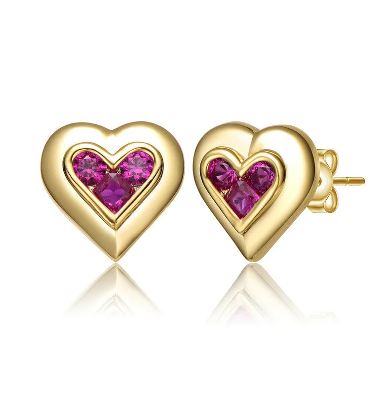 Versatile Layering Jewelry For Effortless Chic 14k Gold Plated with Ruby Red Cubic Zirconia 3-Stone Cluster Heart Stud Earrings Versatile Layering Jewelry For Effortless Chic 14k Gold Plated with Ruby Red Cubic Zirconia 3-Stone Cluster Heart Stud Earrings