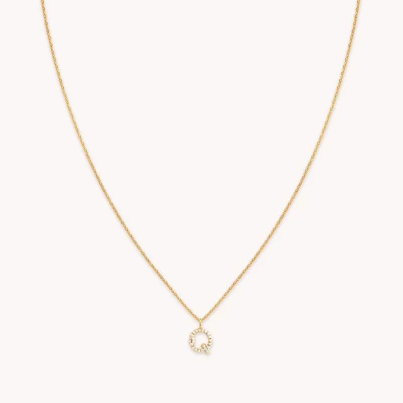 Dainty Floral Jewelry For Feminine Elegance Q Initial Pavé Pendant Necklace in Gold