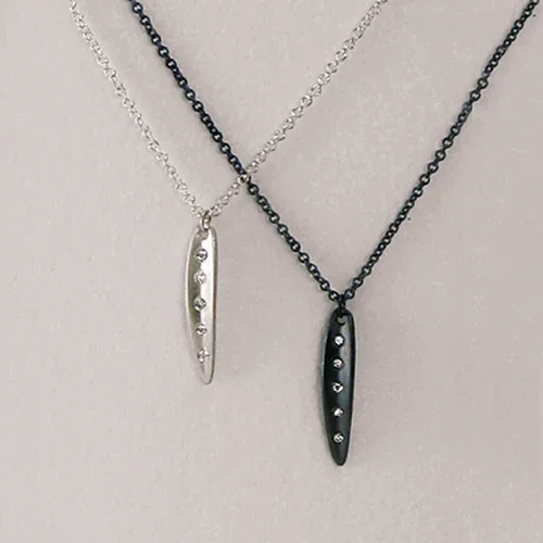 Discounted Jewelry For A Glamorous Look Tiny Long Leaf Necklace - Oxidized Silver + Diamond