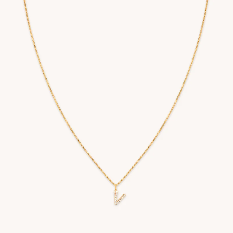 Jewelry Sale Alert – Shop Timeless Elegance Today V Initial Pavé Pendant Necklace in Gold