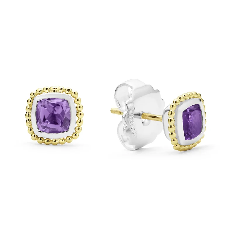 18K Gold Caviar Amethyst Stud Earrings