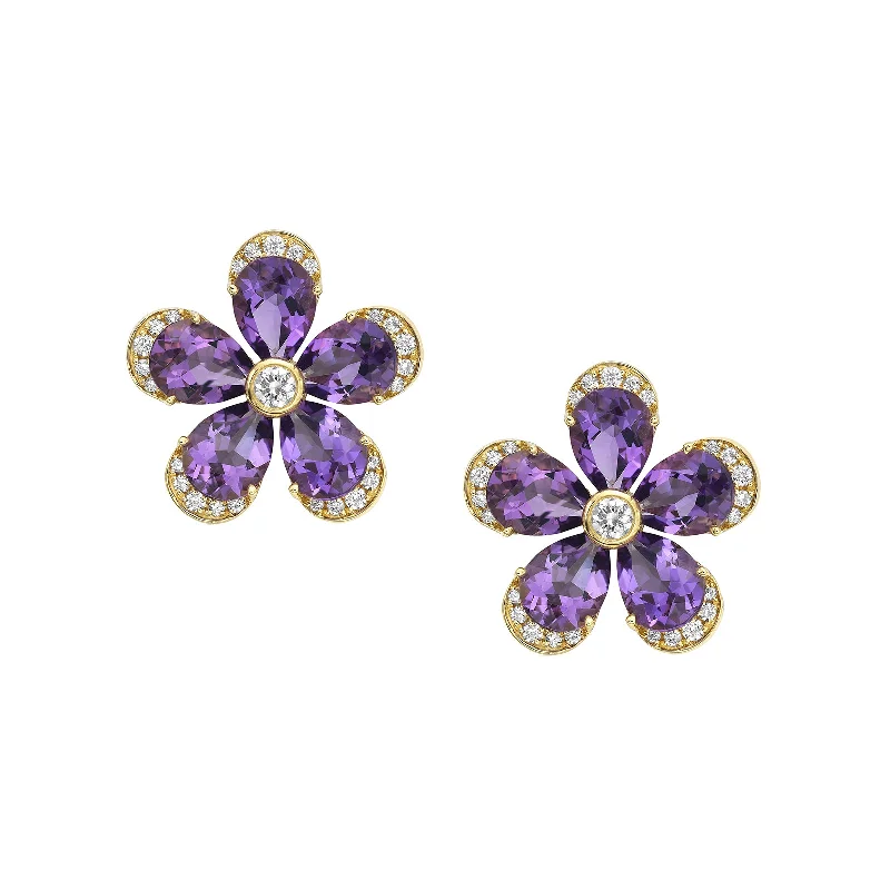 Amethyst & Diamond Flower Stud Earrings