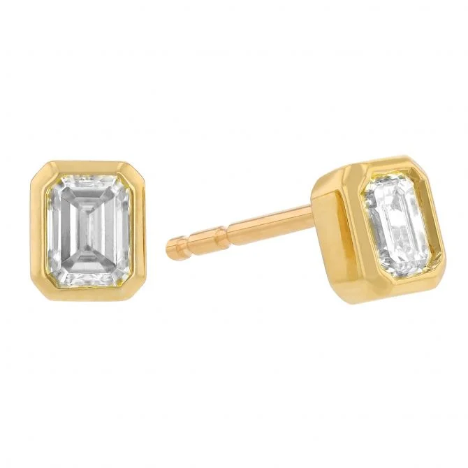 Emerald Cut Diamond Bezel Set Stud Earrings in Yellow Gold