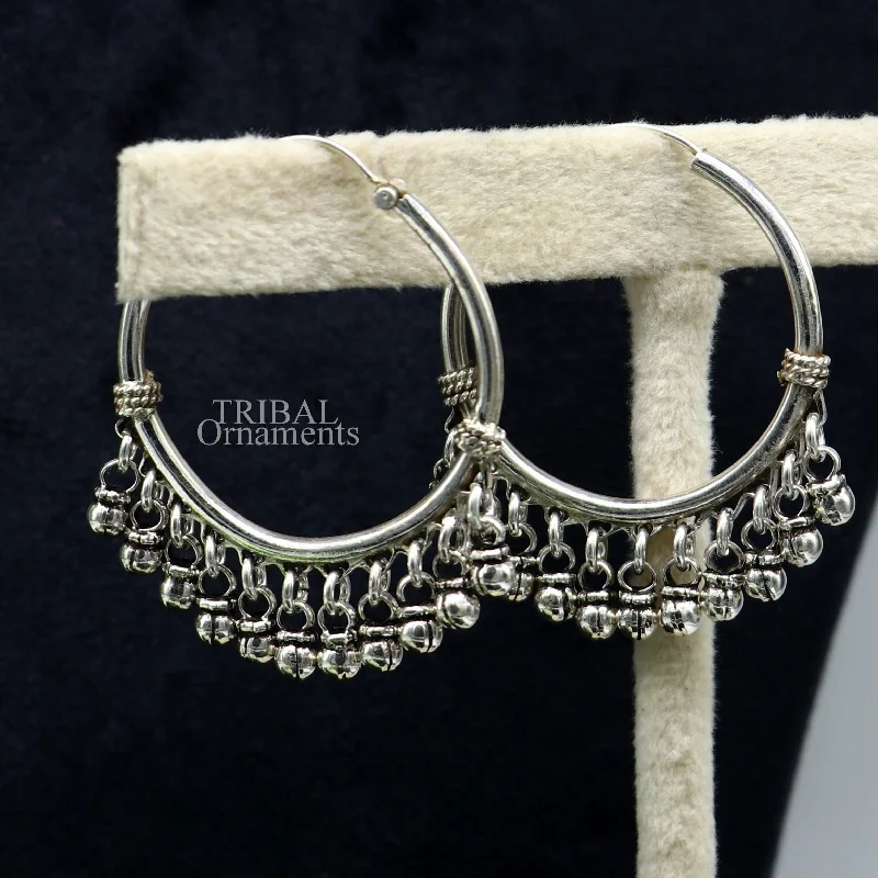 Chic And Stylish Jewelry At Exclusive Prices 925 sterling silver handmade hoop earring,fabulous bali,hanging bells, dangling bells, hoop gifting gorgeous tribal jewelry s374