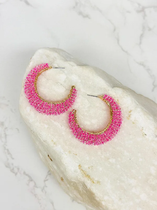 Flash Deals On Fine Jewelry – Shop Before It's Gone Beaded Cluster Open Hoop Earrings - Hot Pink