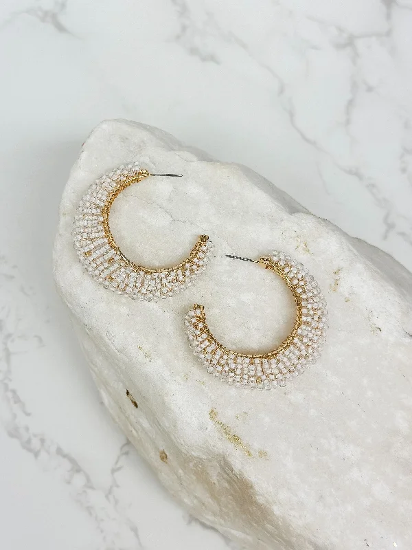 Get Ready To Sparkle – Special Jewelry Discounts Beaded Cluster Open Hoop Earrings - White