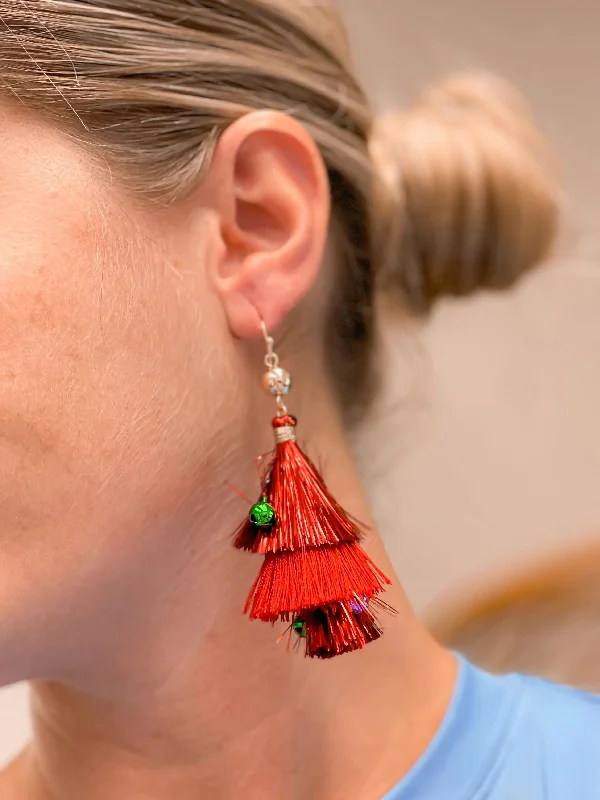 Special Offers On Handcrafted And Designer Jewelry Christmas Tinsel Dangle Earrings - Red