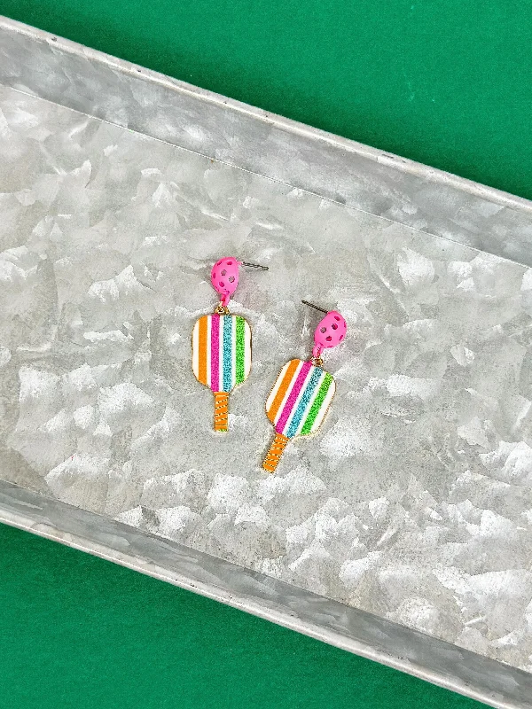 Exclusive Jewelry Offers – Shine For Less Enamel Pickleball Dangle Earrings - Multi Stripe Exclusive Jewelry Offers – Shine For Less Enamel Pickleball Dangle Earrings - Multi Stripe