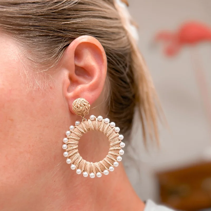 Exclusive Jewelry Sale Event – Shop Now Pearl Lined Raffia Dangle Earrings - Beige