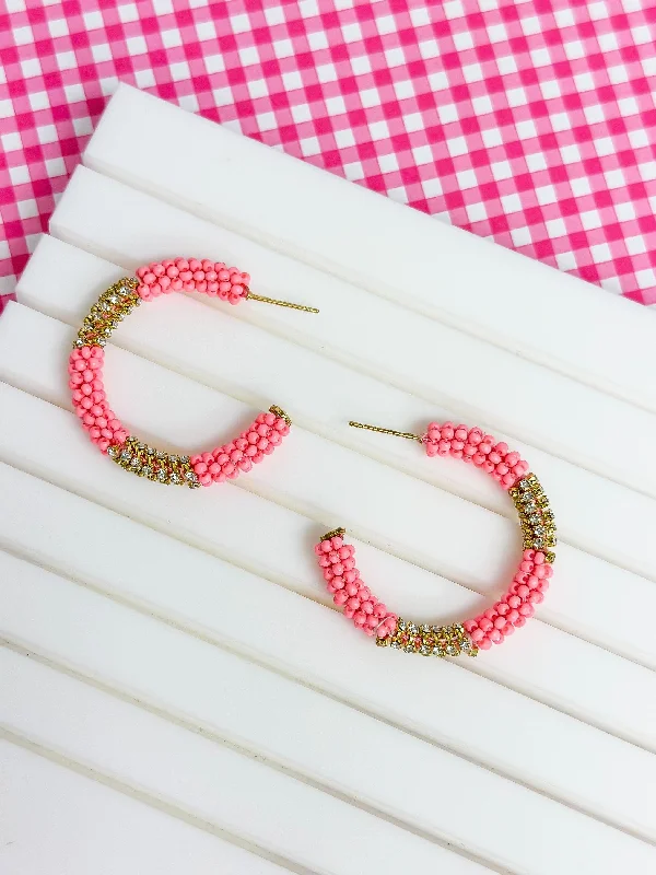 Get Ready To Sparkle – Special Jewelry Discounts Seed Bead & Rhinestone Hoop Earrings - Pink
