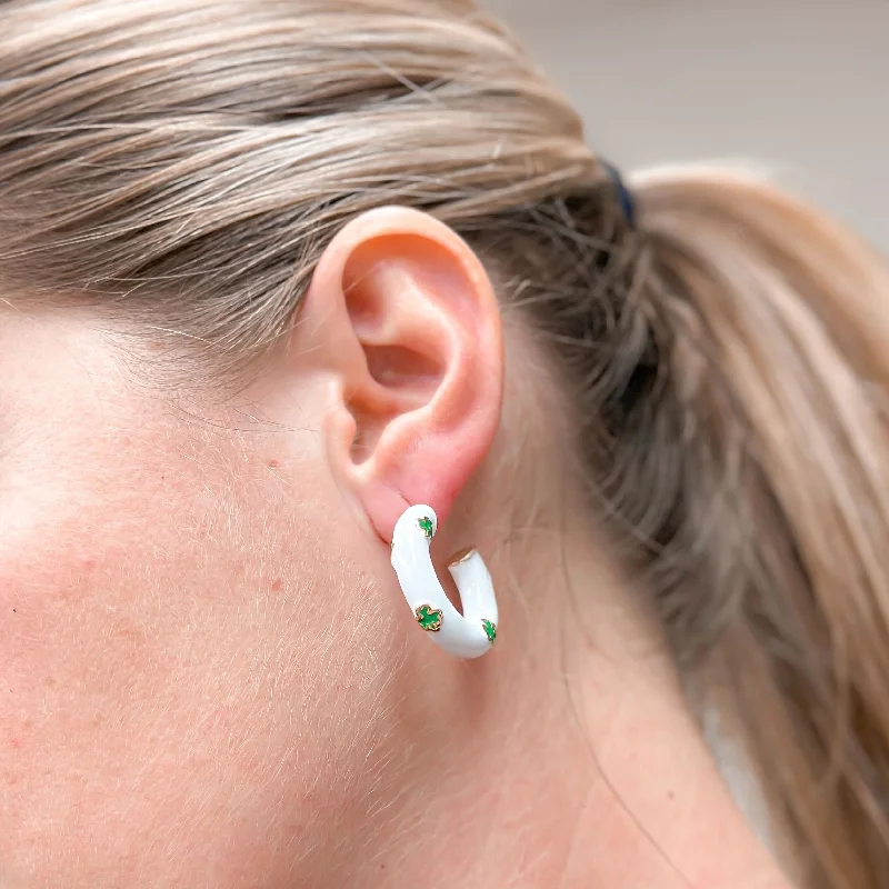 Timeless Jewelry At Special Discount Rates Shamrock Enamel Hoop Earrings - White