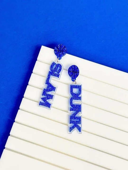 Stunning Statement Jewelry, Unbeatable Discounts 'Slam Dunk' Statement Dangle Earrings - Blue & White Glitter