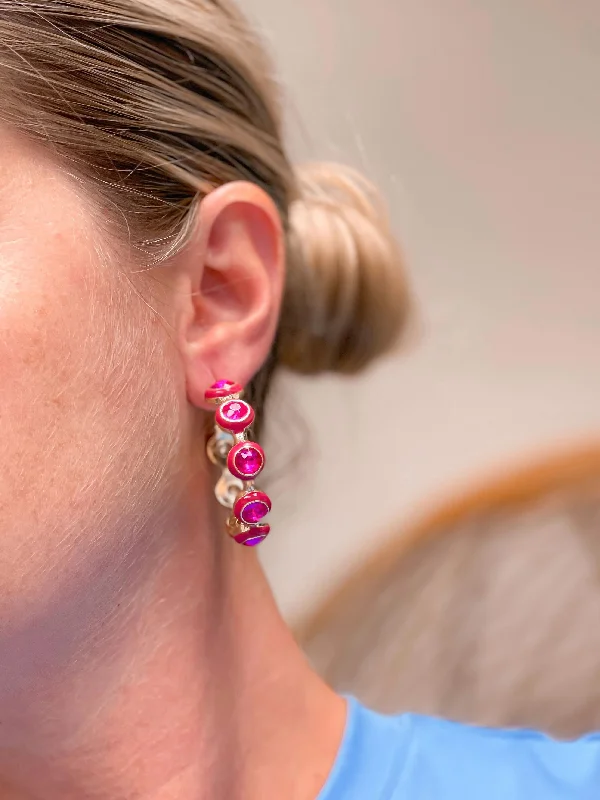 Limited Stock On Premium Jewelry At Low Prices Studded Fuchsia Square Stone Hoops