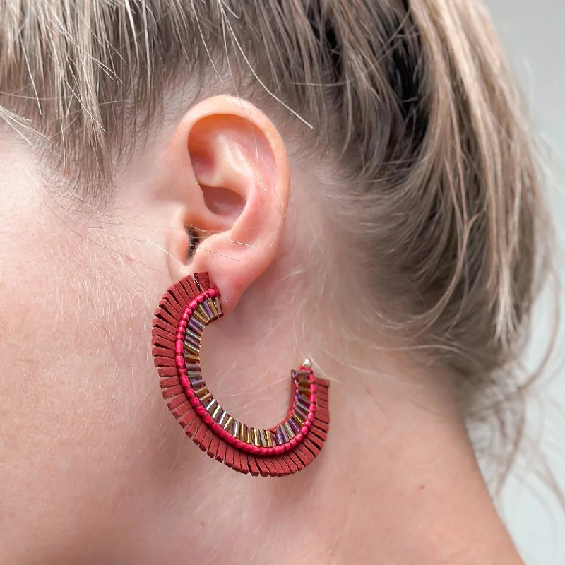 Dainty Floral Jewelry For Feminine Elegance Suede Fringe Beaded Hoop Earrings - Burgundy