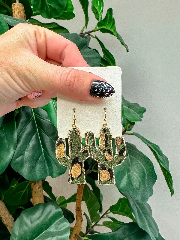 Premium Diamond Jewelry For Unforgettable Moments Textured Gold Metallic Cactus Dangle Earrings - Dark Green