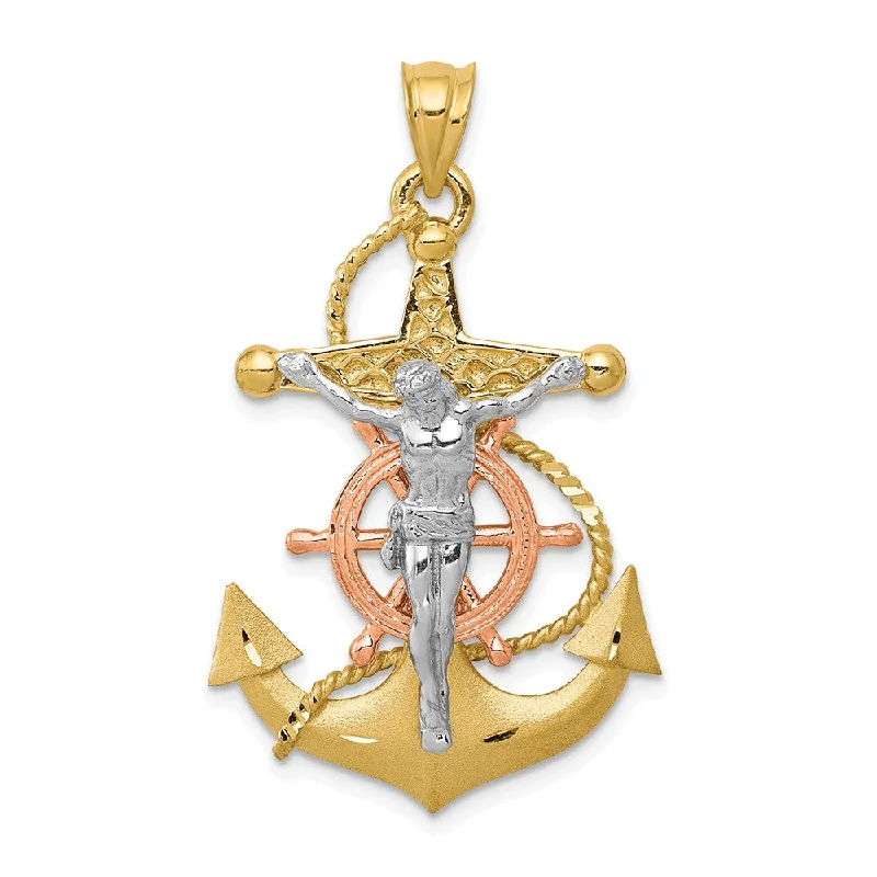 14k Tri-Color Gold Mariner's Crucifix Cross Pendant, 22 x 38mm