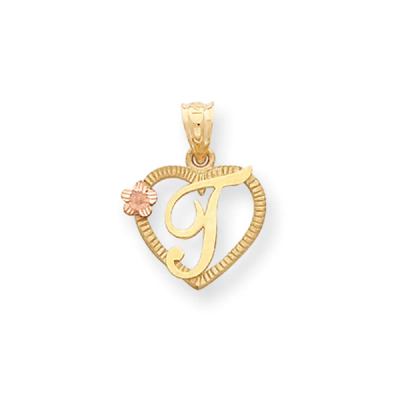 Trendy Minimalist Jewelry For Everyday Wear 14k Two Tone Gold Grace Collection 15mm Heart Initial T Pendant