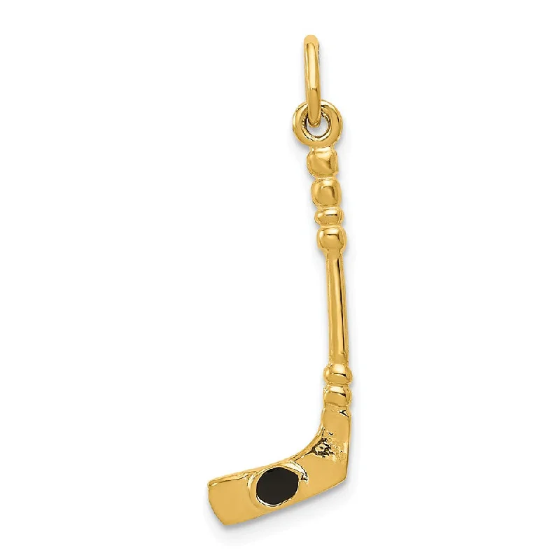 14k Yellow Gold and Black Enamel 3D Hockey Stick and Puck Pendant