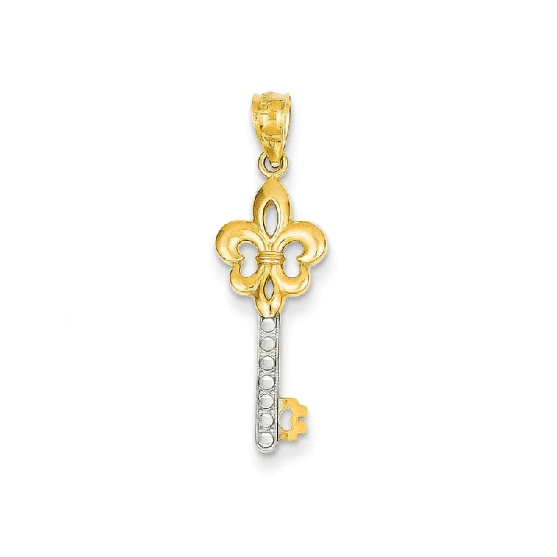 Seasonal Jewelry Sale – Upgrade Your Collection 14k Yellow Gold and White Rhodium Plated Fleur De Lis Key Pendant, 8mm