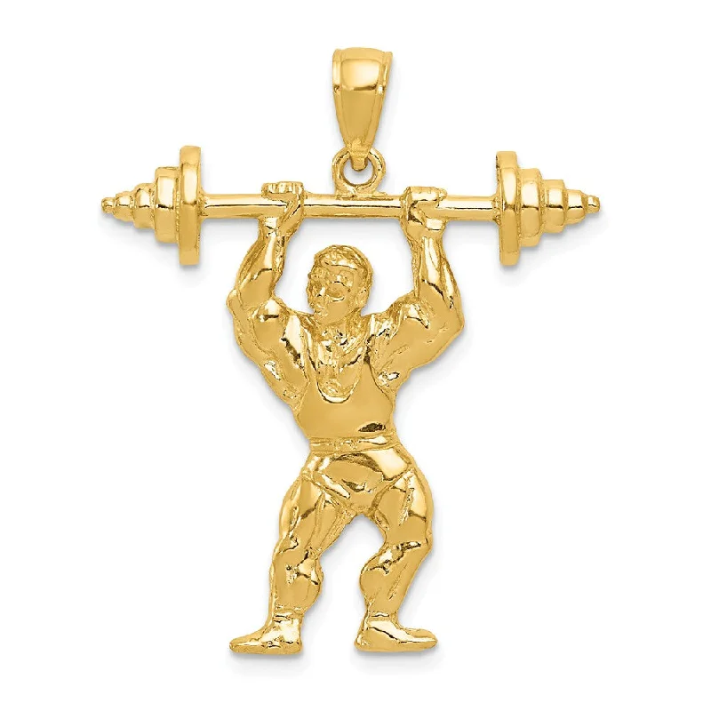 14k Yellow Gold Bodybuilder with Barbell Pendant