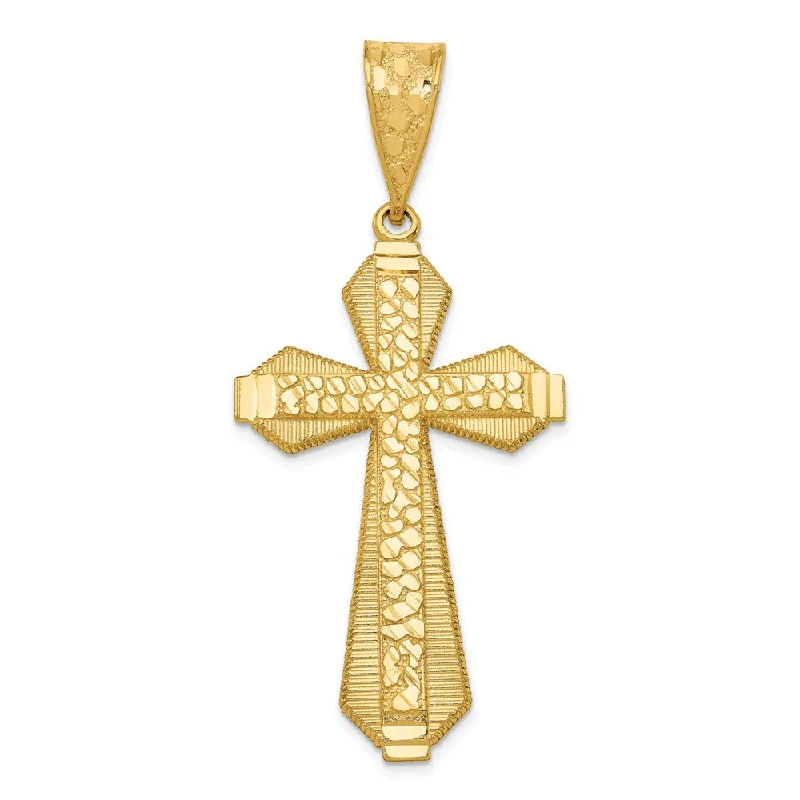 14k Yellow Gold Diamond-Cut Bordered Cross Pendant, 25 x 55mm