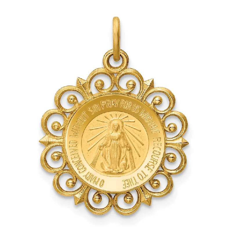 14k Yellow Gold Filigree Miraculous Medal Pendant, 19mm (3/4 Inch)