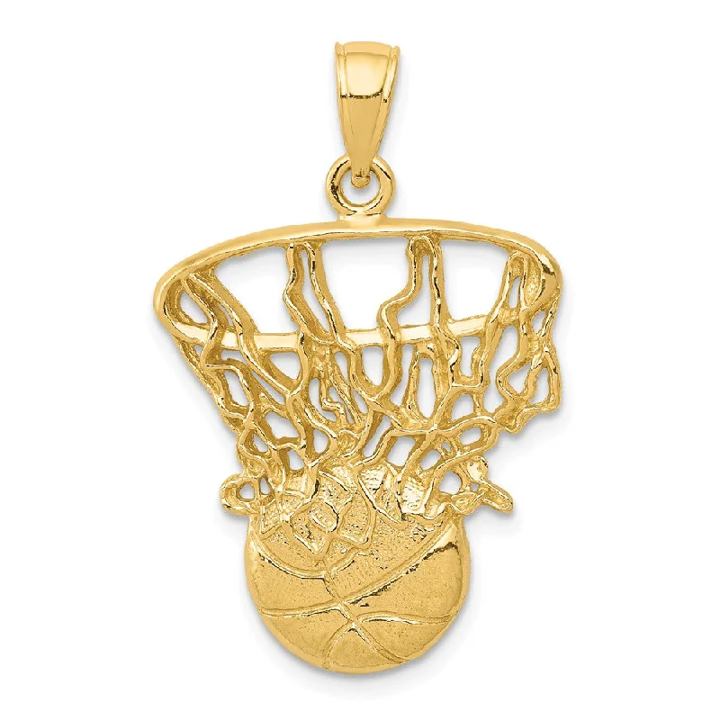 14k Yellow Gold Large Swoosh Basketball Through Net Pendant