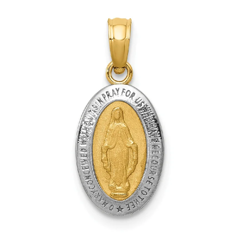 14k Yellow Gold & Rhodium Small Oval Miraculous Medal Pendant, 8x19mm