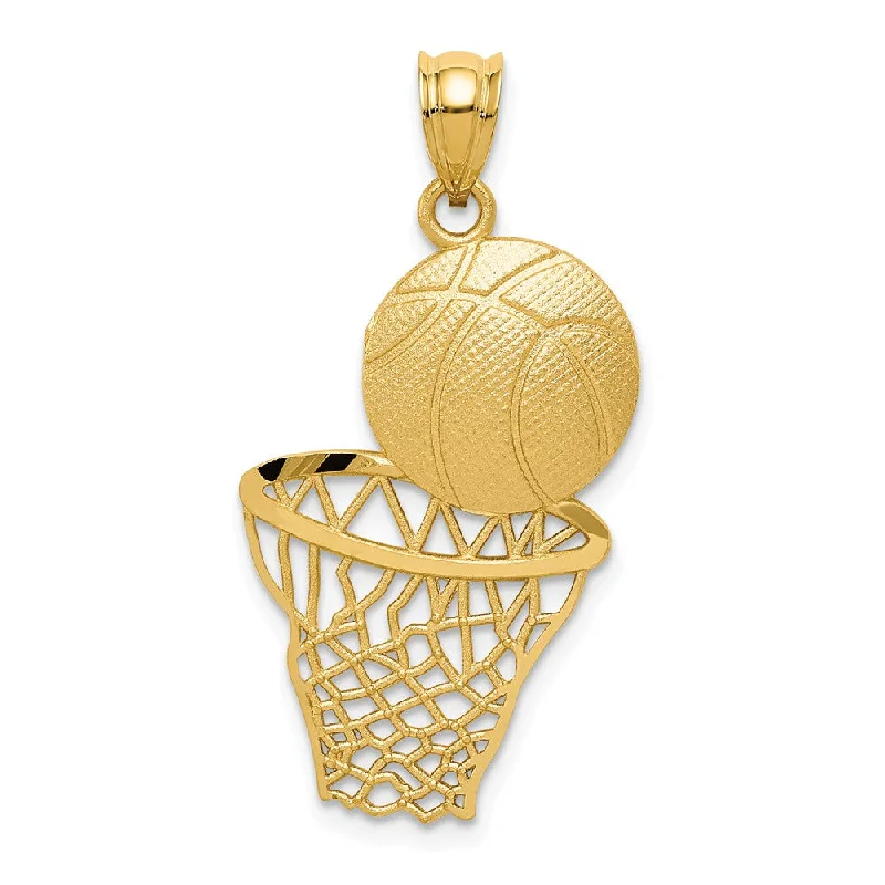 14k Yellow Gold Satin & Diamond Cut Basketball and Net Pendant