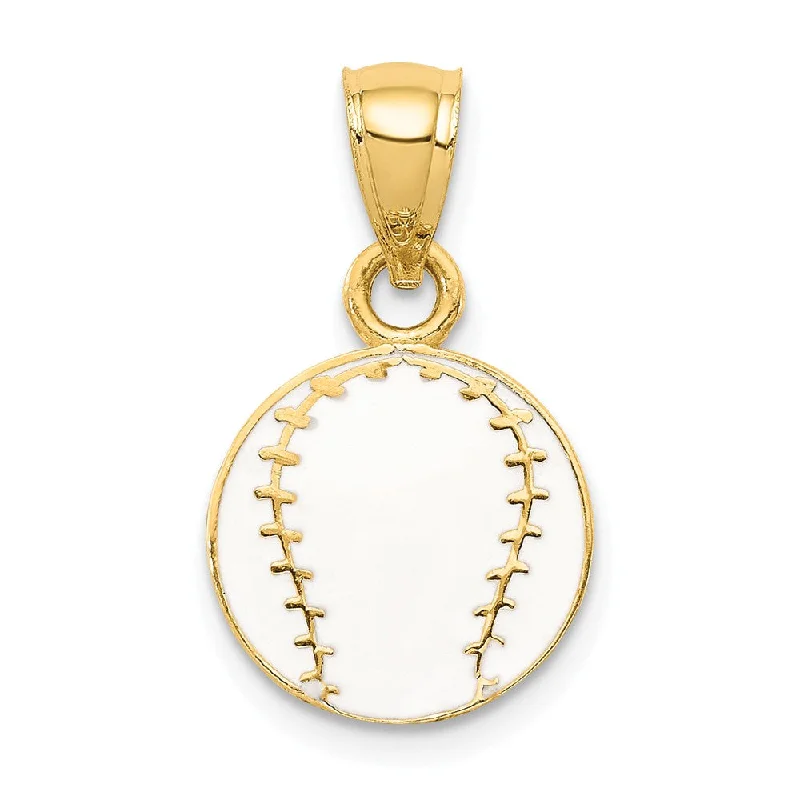 14k Yellow Gold White Enameled Baseball Pendant, 12mm